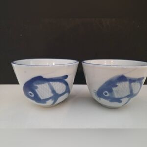 Vintage Blue & White Ceramic Koi Fish Design Sake/Tea Cups Chinese Set of 2